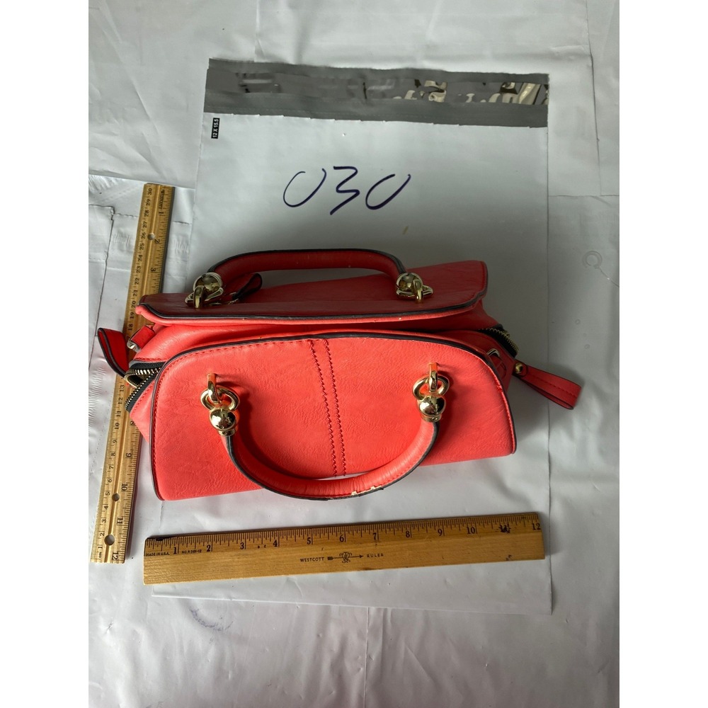 Coral Red Satchel Handbag Gold Accents Top Handle